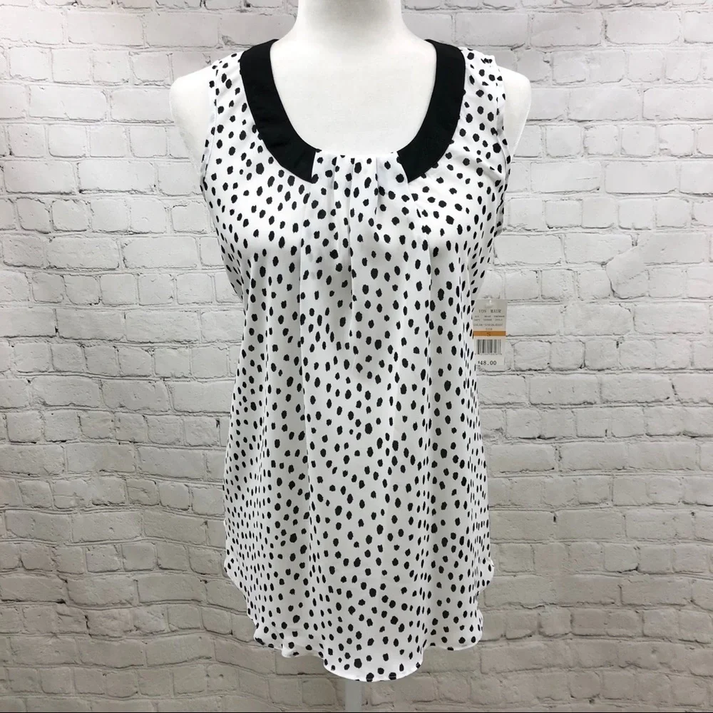 Spense Sleevless Blouse White with Black Dots Size Small Scoop Neck - Picture 2 of 9